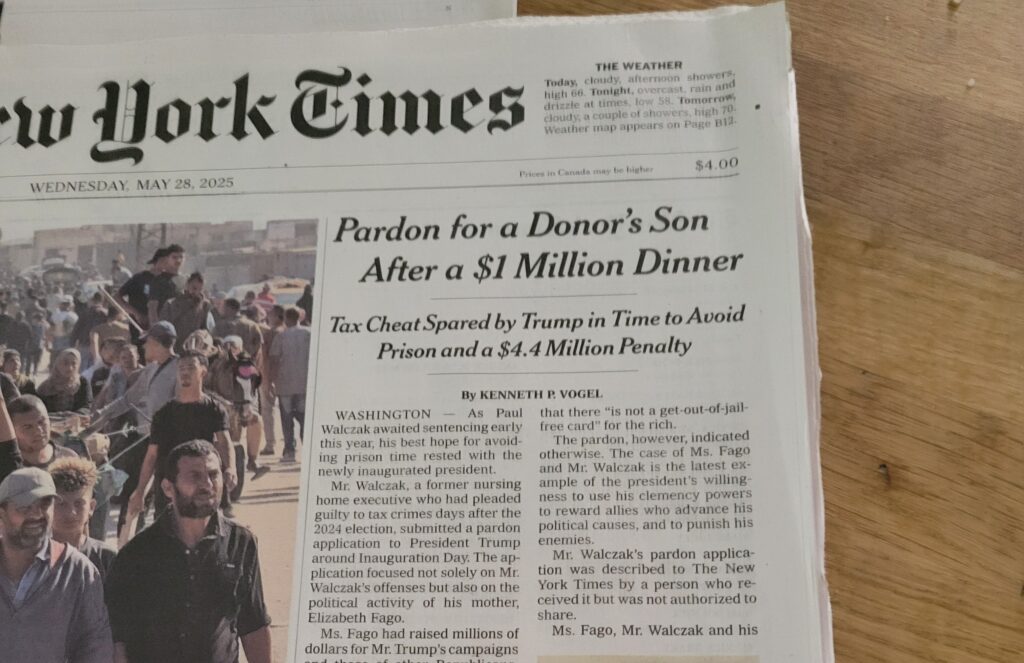 Front page of The New York Times, with Trump bribery story above the fold